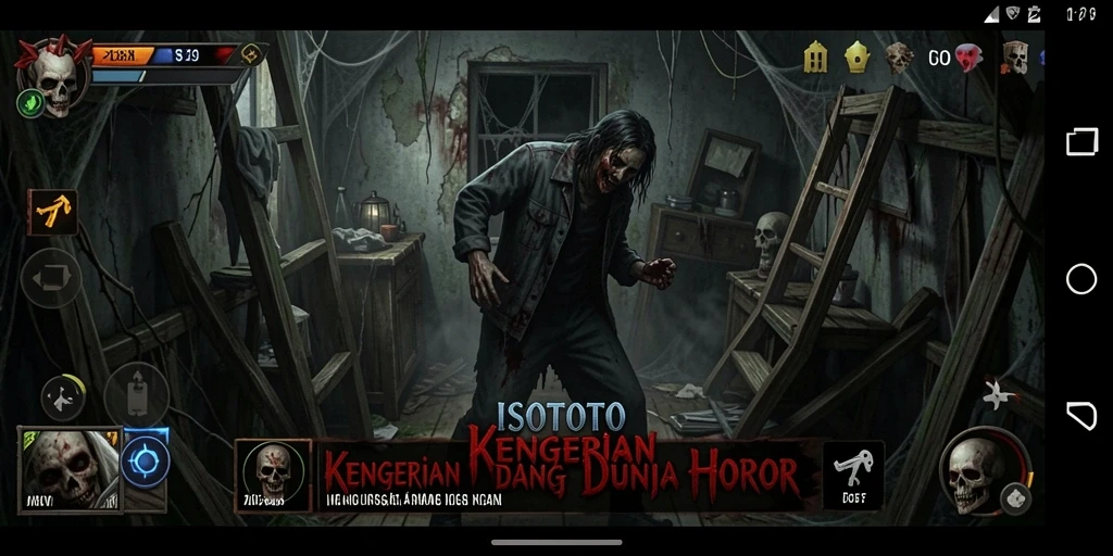 Screenshot gameplay ISOTOTO yang menampilkan suasana horor yang intens.