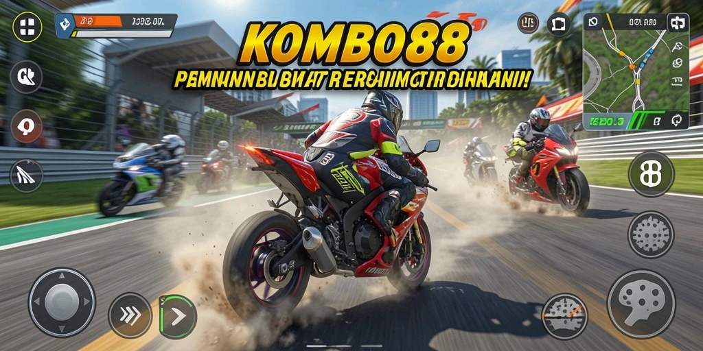 Screenshot gameplay KOMBO88 menampilkan balapan motor yang seru dan mendebarkan.