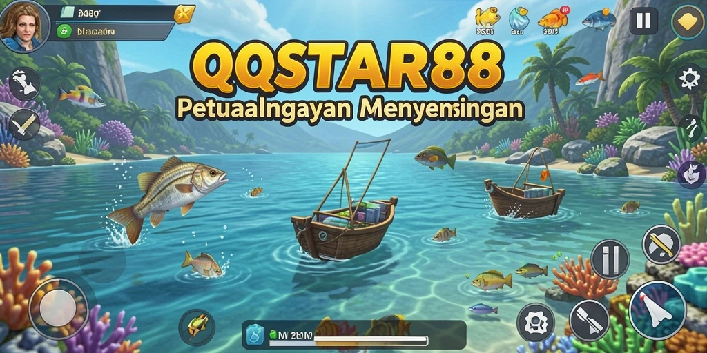 Screenshot utama QQSTAR88 menunjukkan gameplay yang menarik saat menangkap ikan.