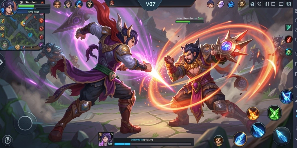 Gameplay V07 yang menarik dan seru di arena MOBA.